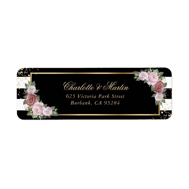 Etiqueta Rosa Moderno Preto Branco Dourado Confete (Frente)