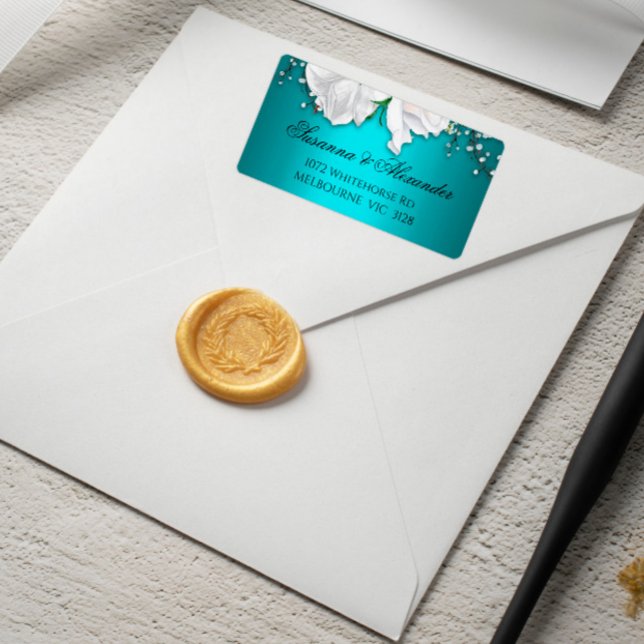 Etiqueta Rosas Brancas e Casamento Elegante de Aqua (Criador carregado)