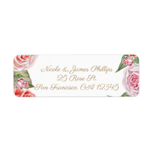 Etiqueta Rosas Cor-de-rosa Coral com Folhagens e Pêssegos C