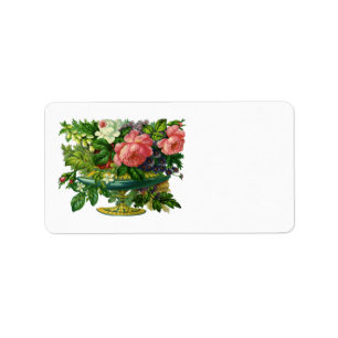 Etiqueta Rosas cor-de-rosa florais do vintage, vaso das