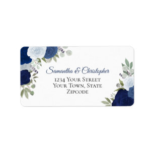 Etiqueta Rosas de Aquarela Azul Endereço de Casamento Elega