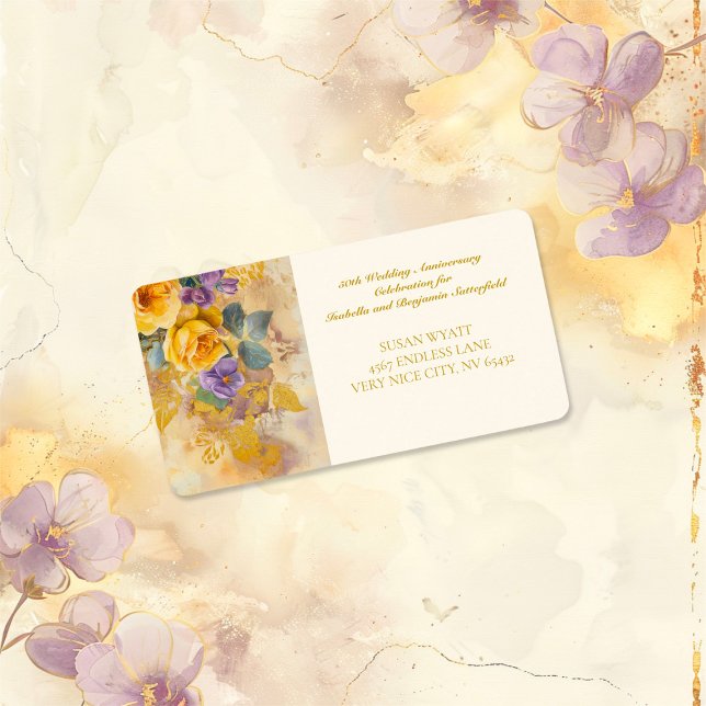 Etiqueta Rosas Dourados e Violetas 50º Aniversário de Casam (Gold Roses and Violets 50th Wedding Anniversary Return Address Labels)