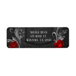 Etiqueta Rosas Vermelhas Casamento Gótico Ornamentado Preto