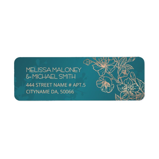 Etiqueta Rose Gold Floral Line Art Teal Wedding (Frente)