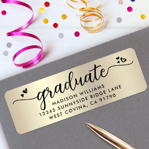Etiqueta Roteiro de Graduação Preto Dourado Corações Endere