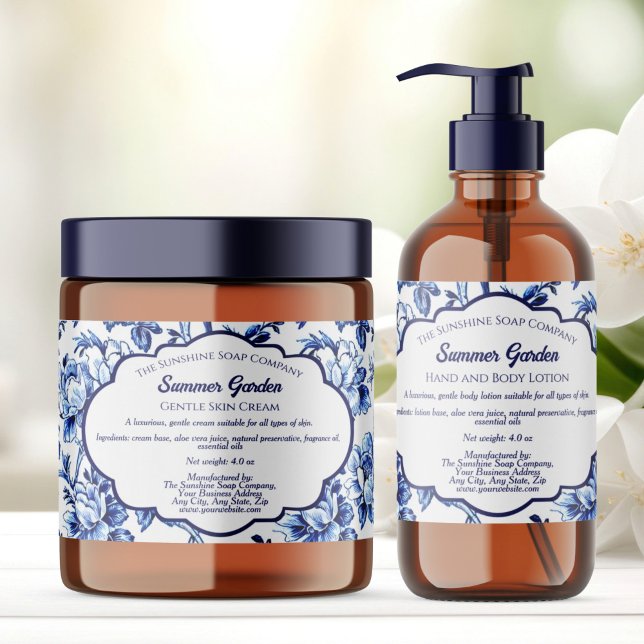 Etiqueta Rótulo de Embalagem de Sabonete Floral Azul Branco (Criador carregado)