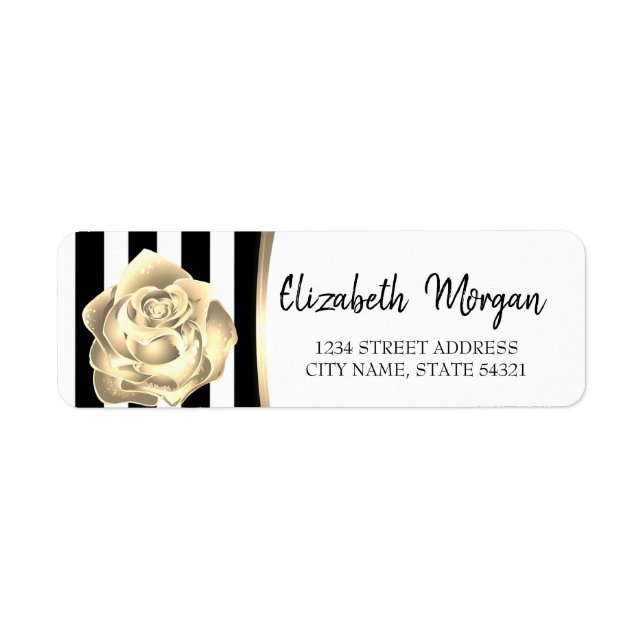 Etiqueta Rótulo de Endereço Chic Gold Rose, Listras Pretas (Frente)