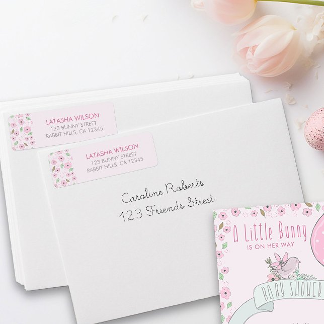 Etiqueta Rótulo de Endereço de Devolução das Flores Rosa Wh (Whimsical Pink Flower Address Labels from my Little Bunny & Balloon Baby Shower collection)