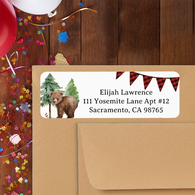 Etiqueta Rótulo de Endereço de Devolução de Camper Feliz do (Cute bear in the woods return address label)