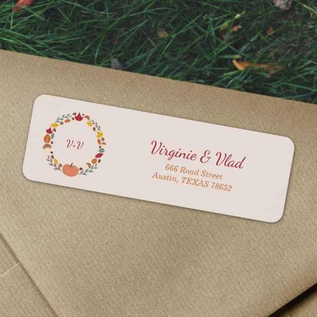 Etiqueta Rótulo de endereço de devolução de Casamento outon (Wreath & Fall Wedding Return address label)