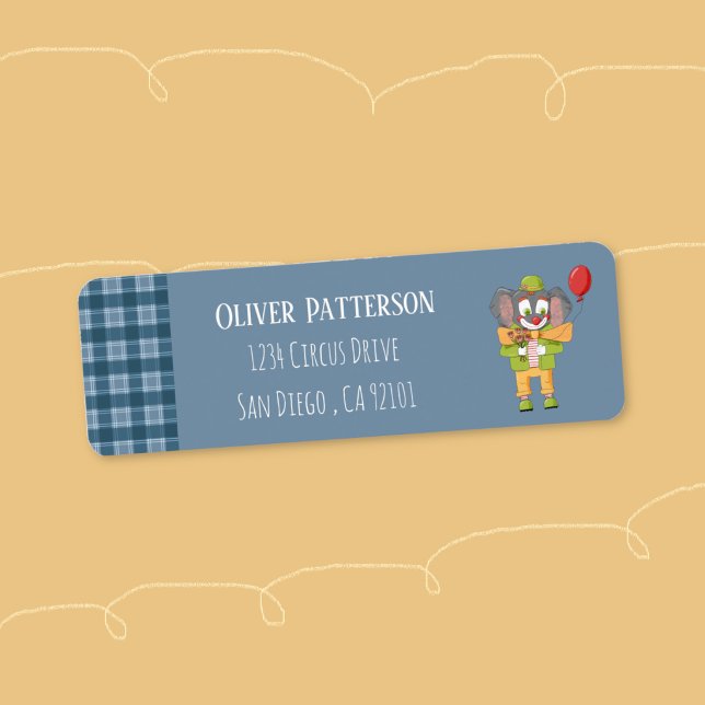 Etiqueta Rótulo de Endereço de Devolução Elefante Palhaço A (Cute blue return address label with a cartoon clown elephant . )
