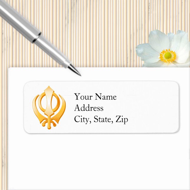 Etiqueta Rótulo de Endereço do Símbolo Sikh (Sikh Label, Gold Khanda, symbol of the Sikh religion. Customize with your text.)