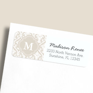 Etiqueta Rótulo de Endereço Personalizado Damask Bege e Bra