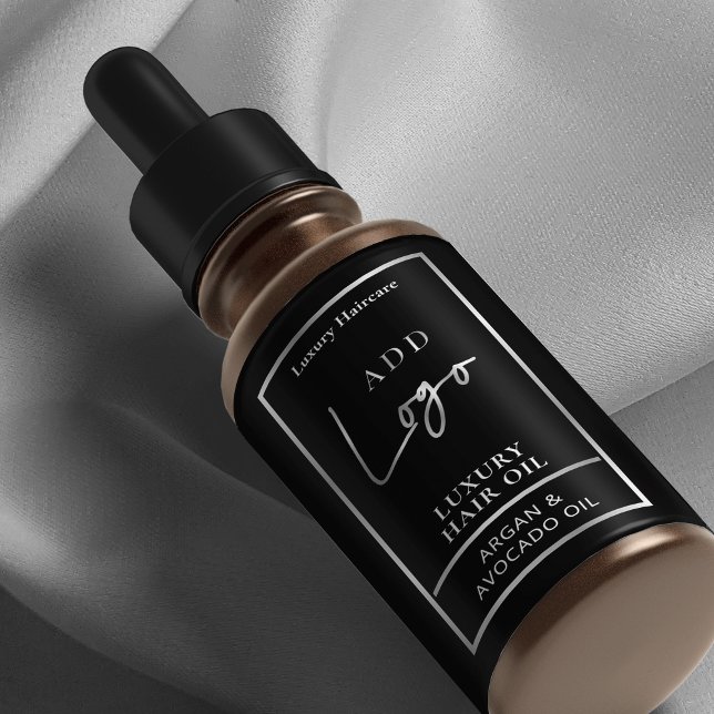Etiqueta Rótulo de Frasco de Óleo Preto e Prateado (Elegant black and silver 2 OZ dropper bottle *verify size* wrapper style label with your custom logo)