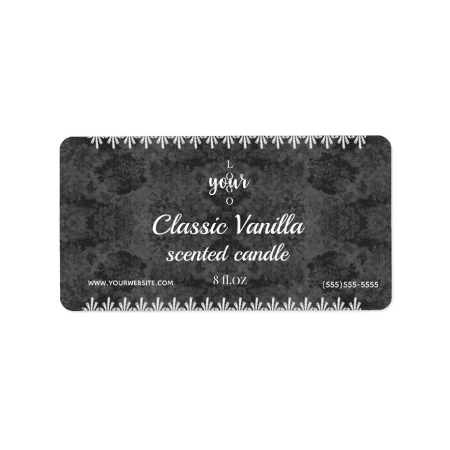 Etiqueta Rótulo de velas perfumadas branco e preto Damasco (Frente)