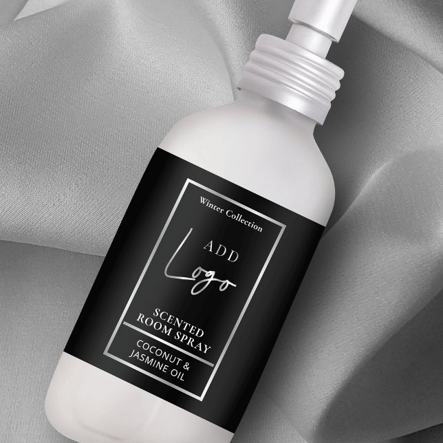 Etiqueta Rótulo do Botão Preto e Prateado Moderno (Black and silver spray bottle wraparound label with custom logo, ingredients and safety instructions)