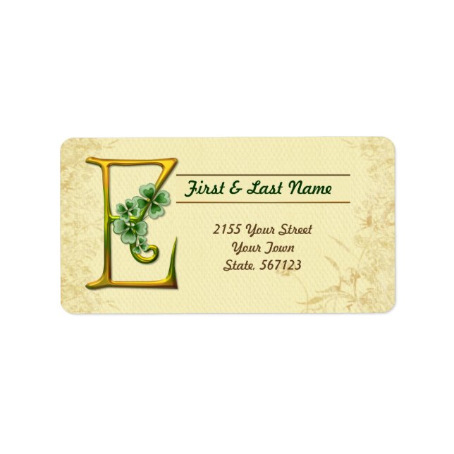 Etiqueta Rótulo E do Monograma Dourado irlandês (Frente)