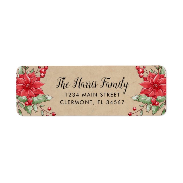Etiqueta Rótulo Kraft Christmas Poinsettia Holly Berry (Frente)