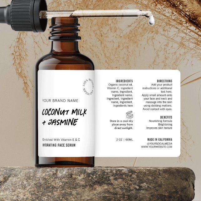 Etiqueta Rótulo Rótulo de Frasco de Dropper Preto Simples,  (Minimalist rustic style cosmetic dropper bottle wraparound label in black and white)