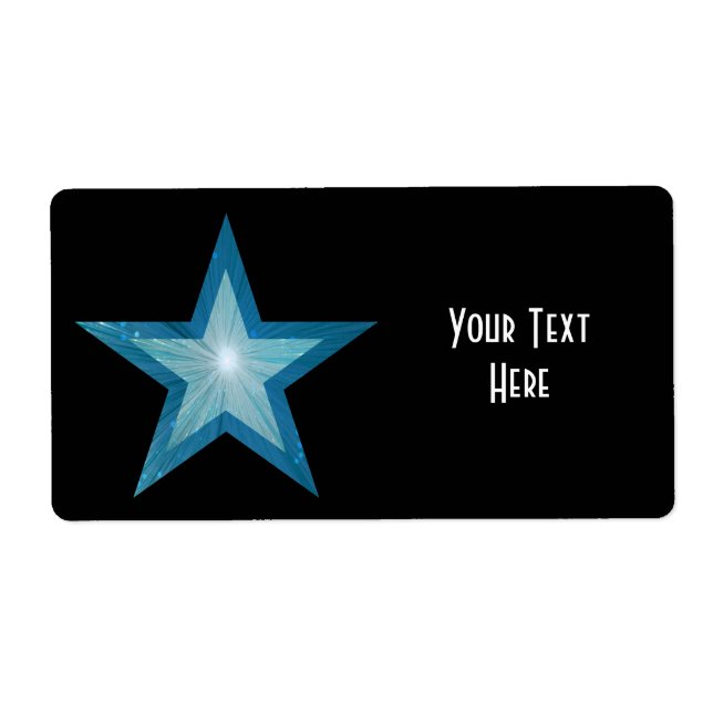 Etiqueta Rótulo 'Seu Texto' da Estrela Azul preto (Frente)