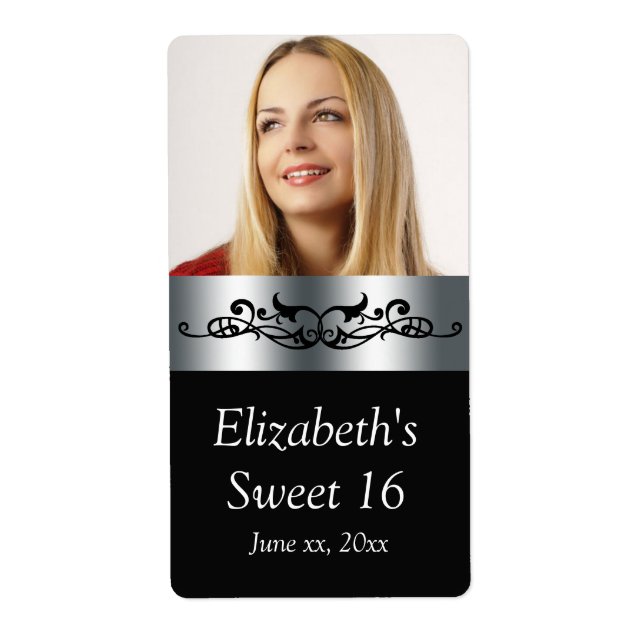 Etiqueta Rótulos de Água Dulces Dezesseis Preto e Prata (Frente)