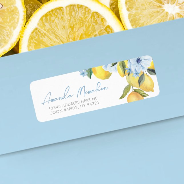 Etiqueta Rótulos de Endereço de Devolução de Aquarela Limão ( Lemon Return Address Labels for Baby Shower or Bridal Shower. Featuring watercolor lemons & flowers)