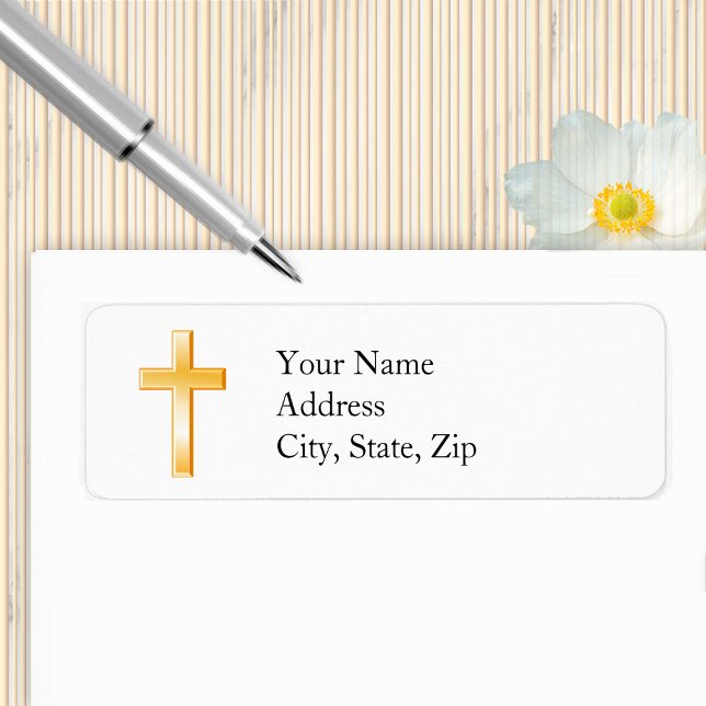 Etiqueta Rótulos de Endereços Cruzados Cristãos (Customize your return address label with a gold Christian Cross symbol. )
