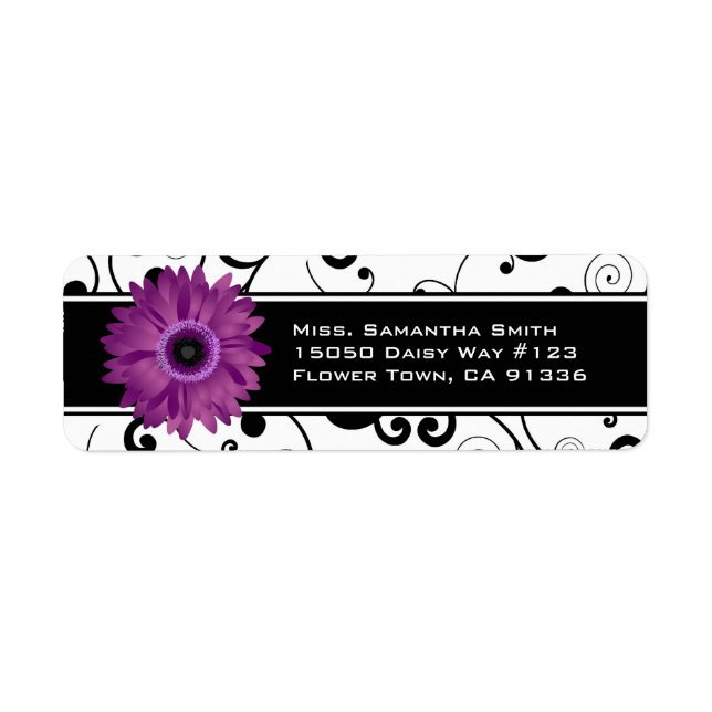 Etiqueta Roxo Gerbera Daisy Black & White Scroll (Frente)