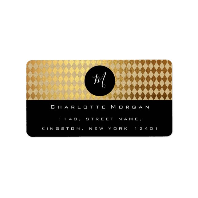 Etiqueta RSVP de Diamante Dourado preto monograma (Frente)