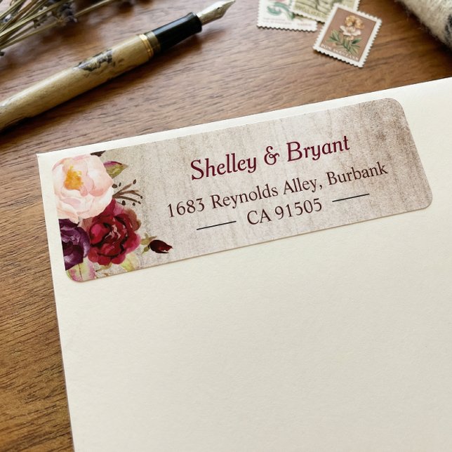 Etiqueta Russo Woodgrain Parece Borgonha Blush Floral (Criador carregado)