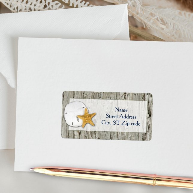 Etiqueta Rustic Beach Driftwood Sand Dollar Wedding Address (Criador carregado)