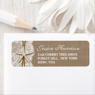 Etiqueta Rustic Burlap, Lace & Starfish Beach Chá de panela