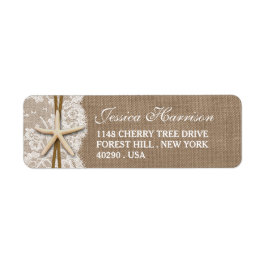 Etiqueta Rustic Burlap, Lace & Starfish Beach Chá de panela