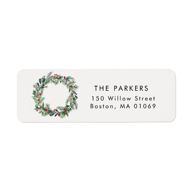 Etiqueta Rustic Christmas Holly Berries Pine Wreath Endereç (Frente)