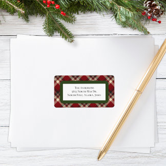 Etiqueta Rustic Christmas Red Green Tartan Plaid Address