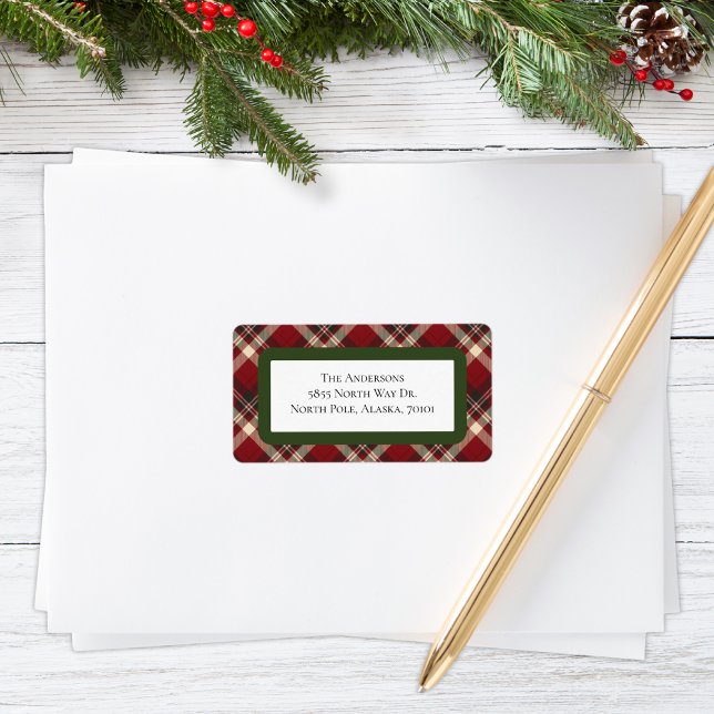 Etiqueta Rustic Christmas Red Green Tartan Plaid Address (Criador carregado)