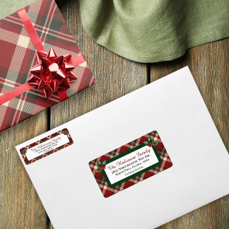 Etiqueta Rustic Christmas Red Green Tartan Plaid Address