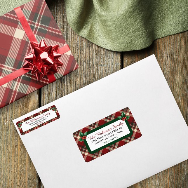 Etiqueta Rustic Christmas Red Green Tartan Plaid Address (Criador carregado)