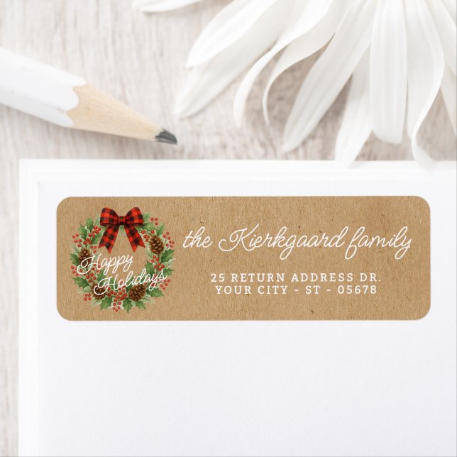 Etiqueta Rustic Holly Wreath Red Black Checking Arco (Insitu)