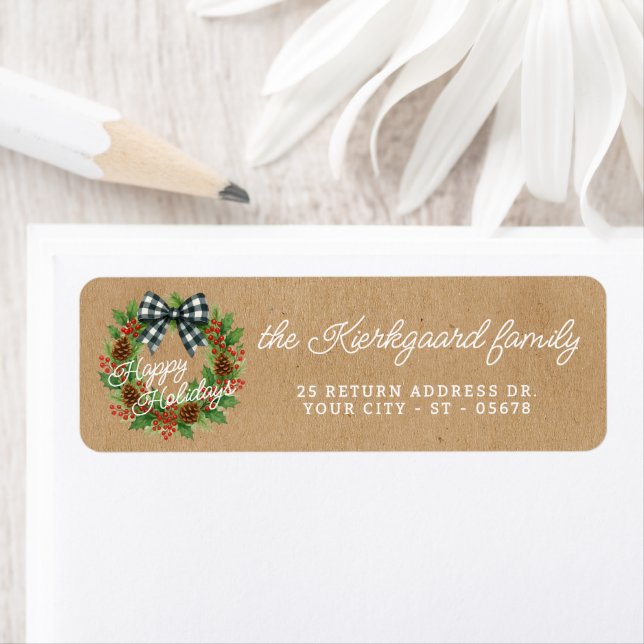 Etiqueta Rustic Holly Wreath White Black Checking Arco (Insitu)