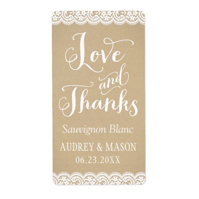 Etiqueta Rustic Kraft e Lace Wedding Wine Favor (Frente)