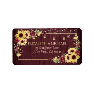 Etiqueta Rustic Sunflower Burgundy Wood Floral Endereço