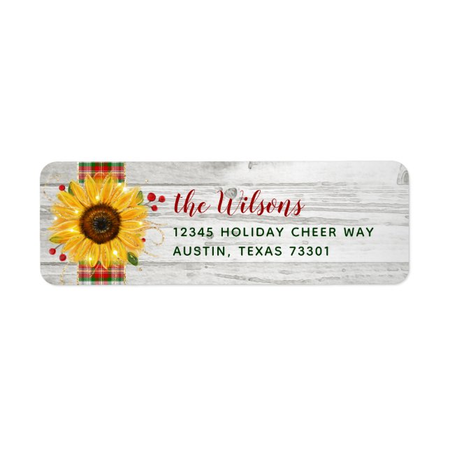 Etiqueta Rustic Sunflower Wood Holiday Endereço de Regresso (Frente)