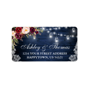 Etiqueta Rustic Wedding Blue Wood Lights Floral Address