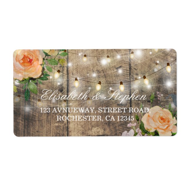 Etiqueta Rustic Wood Floral String Lights Endereço De Casam (Frente)