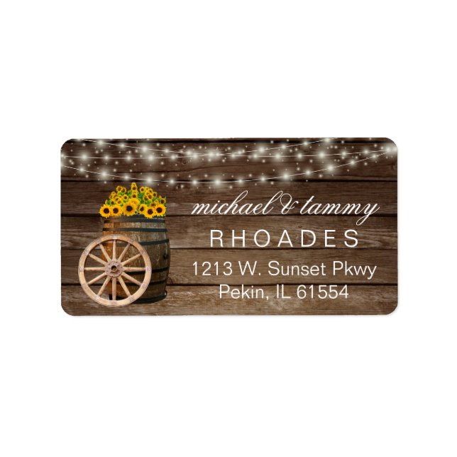 Etiqueta Rústico barril de madeira e girassóis do campo (Frente)