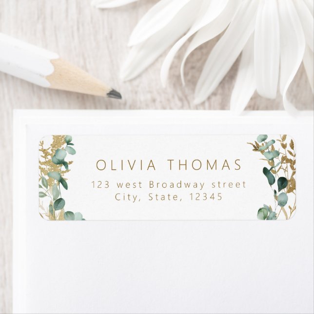 Etiqueta Rústico eucalipto - dourado & verde - endereço par (Insitu)