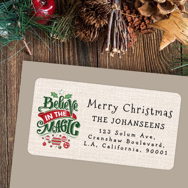 Etiqueta Rústico Falso Burlap Acredite na Magia Natal (Criador carregado)