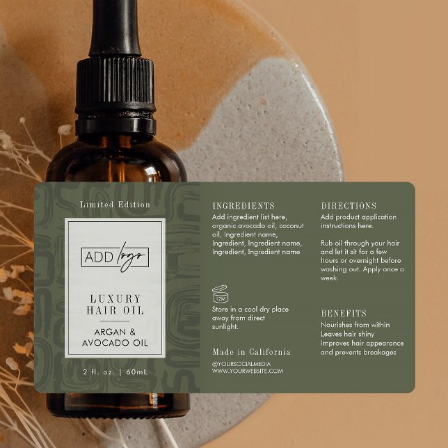 Etiqueta Sage Green Boho Pattern Logo 2OZ Dropper Bottle (Elegant earthy sage green tones custom logo cosmetic bottle wrap around label design )