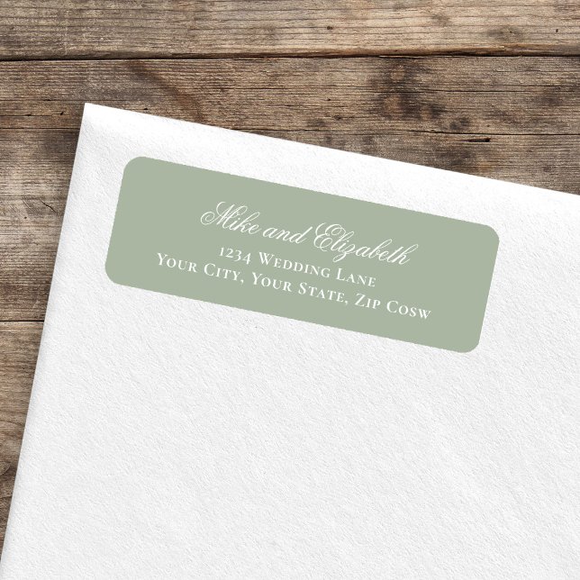 Etiqueta Sage Green Script Names Wedding Address (Sage green script names return address label on envelope, minimalist wedding style)
